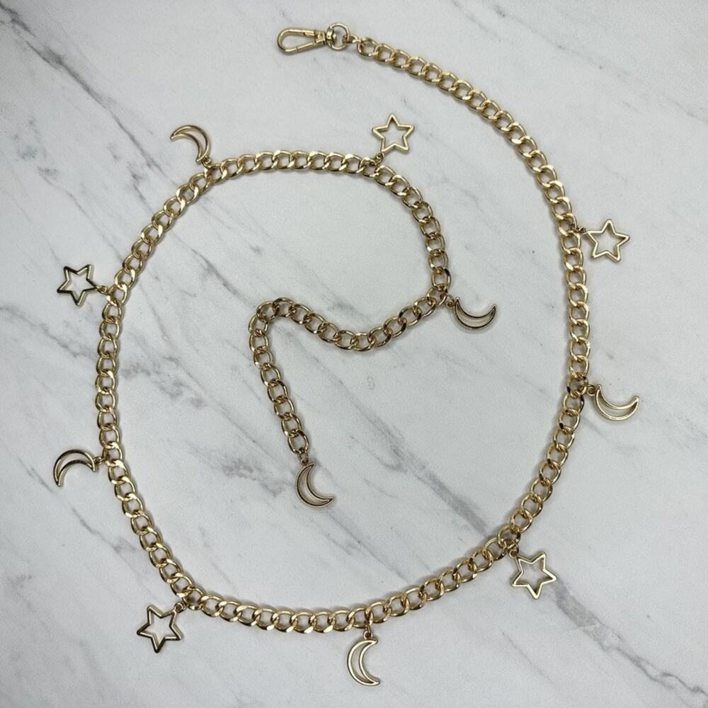 Star Moon Celestial Charm Gold Tone Curb Chain Link Belt One Size (OS) ✨